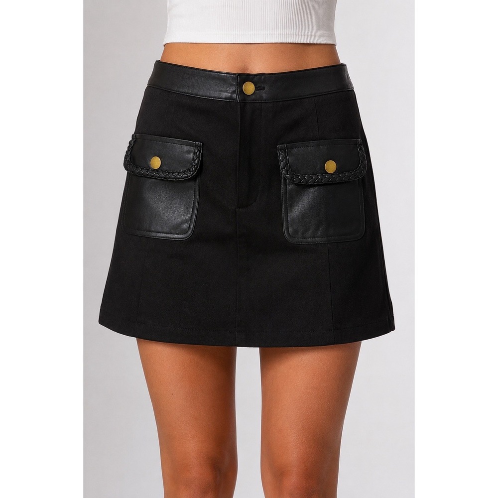 MIOU MUSE Women's Mini Skirt S Black Faux Leather Pocket Detail NWT
